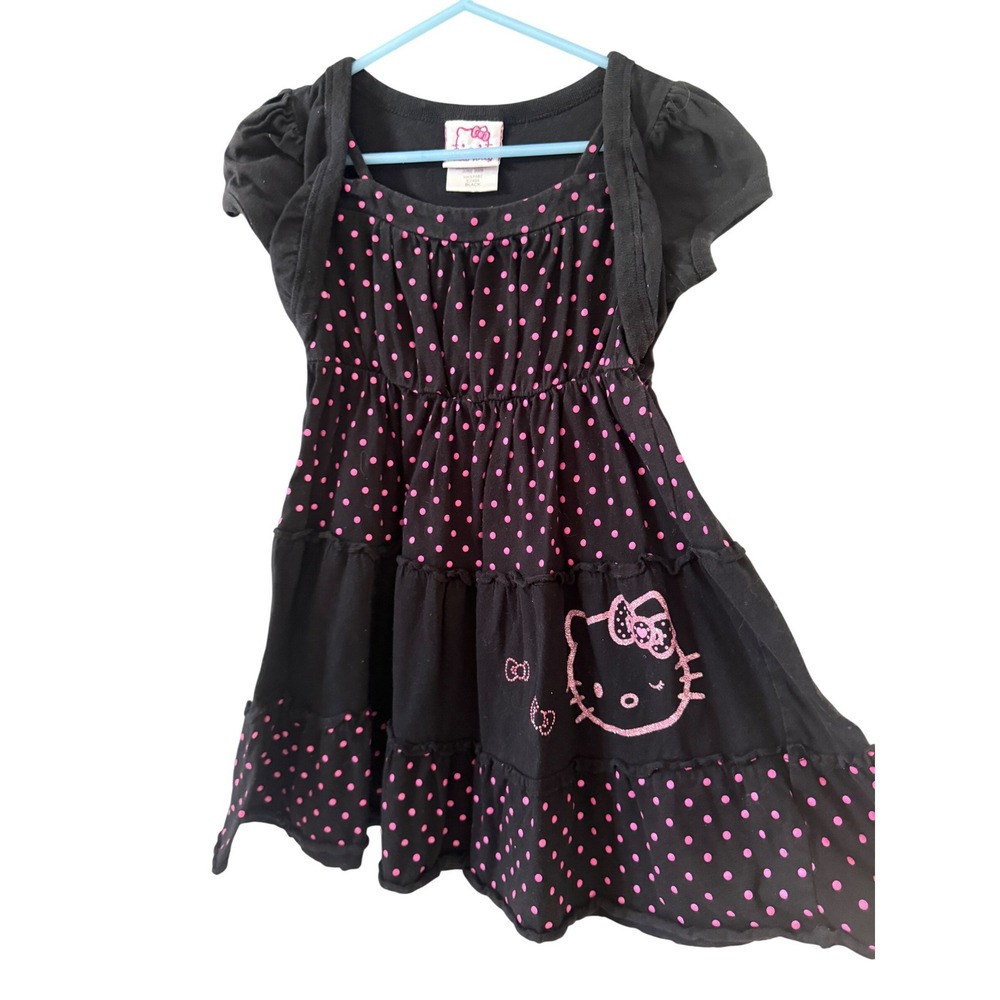 Vintage y2k Hello Kitty Girls Black Pink Polka Dot Tiered Shrug Dress Girls 6X